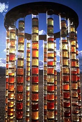 Susan Robb
Golden Tower Project, 2000
400 jar if participants' urine, acrylic tube, electroluminexcent wire, wood, name labels, the desert, 108 x 48 inches