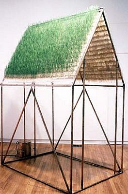 Michele Brody
Seeing Below from Above, 2002
copper pipe, plexiglass, hand-made paper, grass seeds, water, 102 x 60 x 72 inches
installation