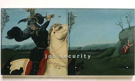 Kenneth Aptekar
Job Security, 1991
oil/wood, sandblasted glass, bolts, 30 x 60 inches
Diptych