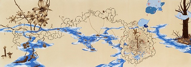 Naoe Suzuki
Blue, 2011
mineral pigment, micro pigment pen, walnut ink and tea on paper, 42 x 120 in.
