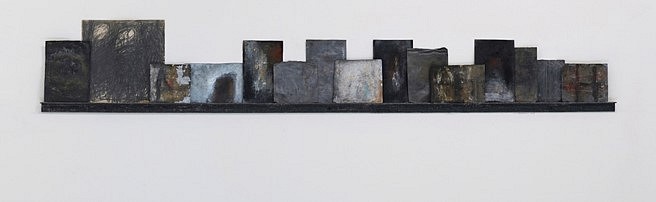 Melinda Stickney-Gibson
Stories, 2017
mixed media on lead panels on steel ledge, 72 x 12 x 1 1/2 in.