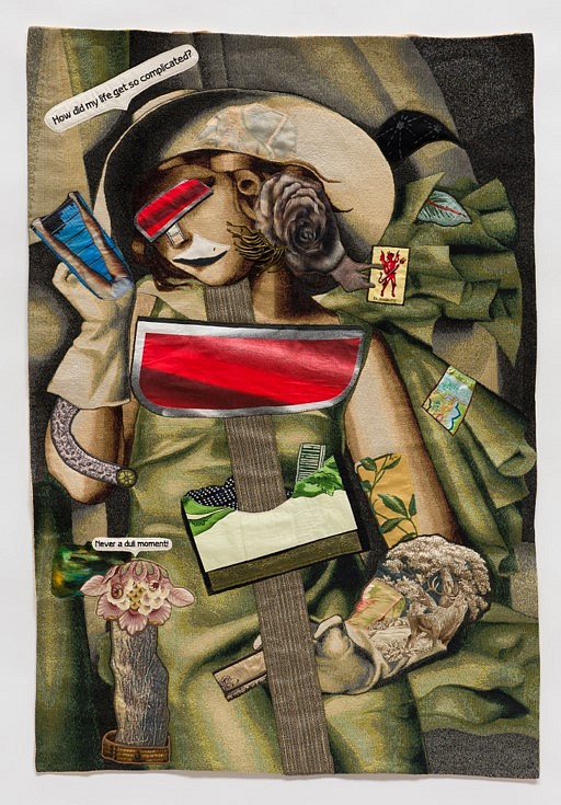 China Marks
Life is Complicated, 2018
fabric, thread, brass trim, residual latex paint, fusible adhesive  on a contemporary tapestry copy of Girl in a Green Dress by Tamara de Lempicka, 38 1/2 x 54 1/2 in.