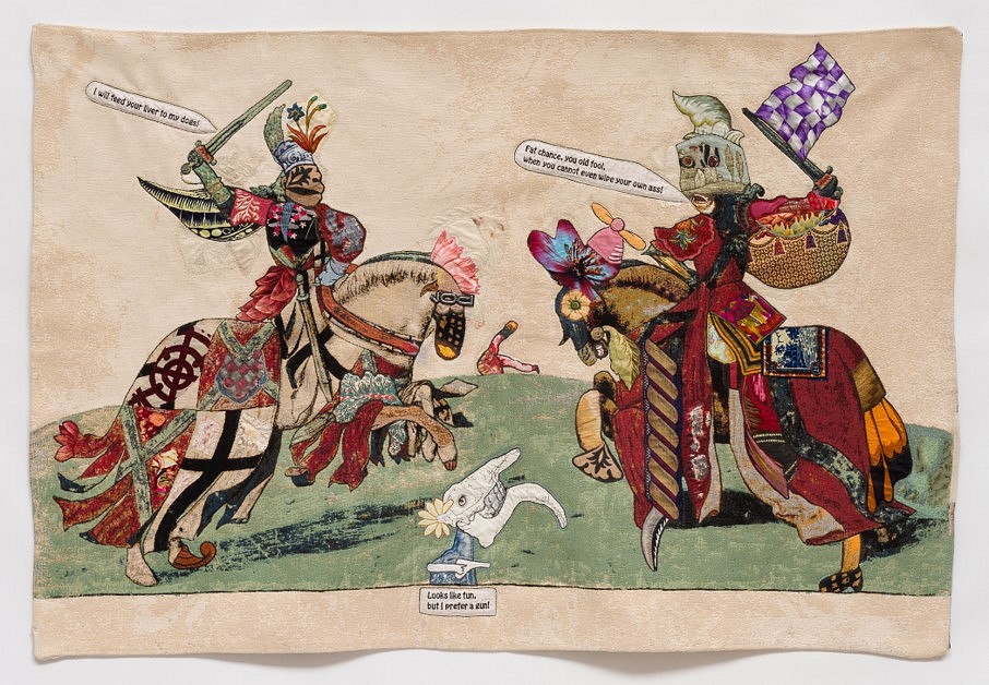 China Marks
Men and Their Ways, 2018
fabric, thread, buttons, plastic auto part, coated wire, Jade glue, fusible adhesive on a contemporary tapestry copy of an unattributed 16th Century painting of jousting knights, 36 x 53 1/2 in.
