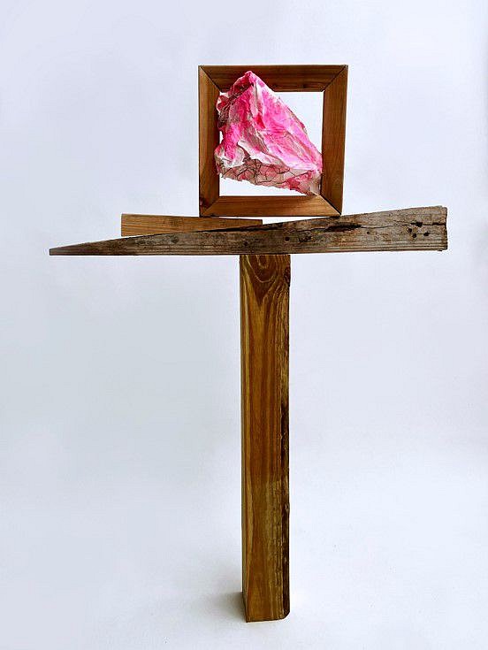 Kathy Wright
Assemblage with Frame, 2019-2020
4x4 lumber, wooden form work shim, nail, found wooden wedge, canvas stretcher bars, staples, paper towels, chicken wire, acrylic, 41 x 28 x 4 in.