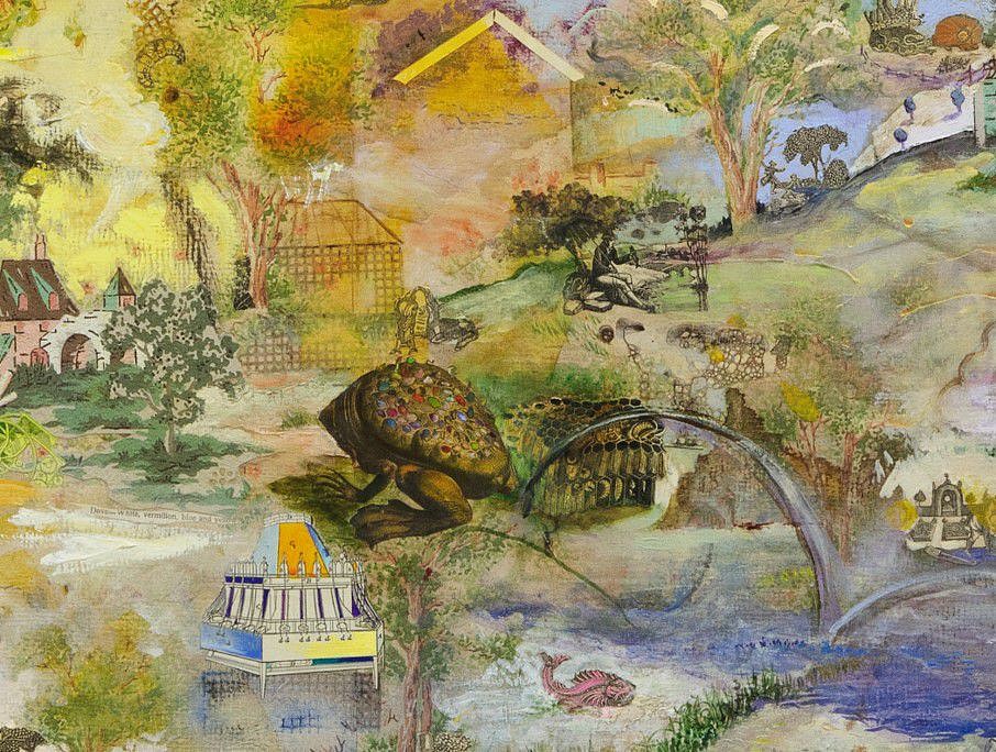 Josh Dorman
DETAIL of Golden Fables, 2022
ink, acrylic, antique wallpaper, and collage on wood panel, 36 x 48 in.
