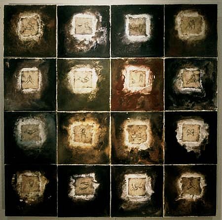 Catherine Nash
Mudras, 2001
encaustic painting, handmade paper, mixed media, 64 x 64 inches