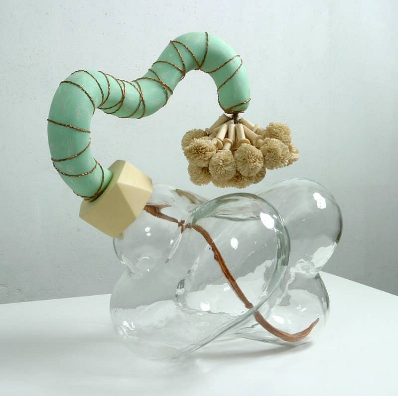 John Newman
Pompom Battery, 2004
mold-blown glass, sholapith, copper wire, mutex, sisal, papier mache, styrofoam, Japanese paper, acqua resin, wood, wood putty, armature wire, oil paint, 18 1/2 x 19 1/2 x 12 1/2 inches