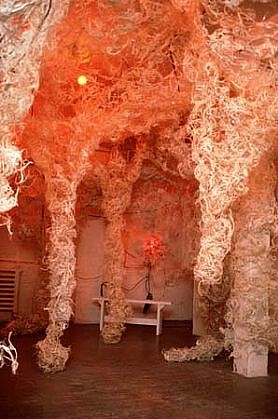 DB Lampman
Guts, 1997
12,000 yards of sisal twine fiber, glue, paint, light bulbs, chicken wire, electrical cable
installed in 11' x 15' x 25' gallery
