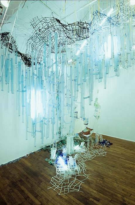 Caroline Lathan-Stiefel
Whorl (detail), 2002 - 2004
fabric, pipe cleaners, yarn, pins, thread, wire, plastic, fruit nets, tacks, halogen lights, flourescent light tubes, dimensions variable
Installation at Galerie Articule, Montreal