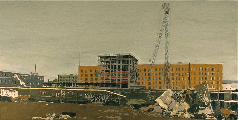 Greg Lindquist
Red Hook Revere Sugar Refinery (Flattening the Remains, The Age of Steam), 2007
oil, metallic and graphite on linen, 17 1/2 x 50 inches