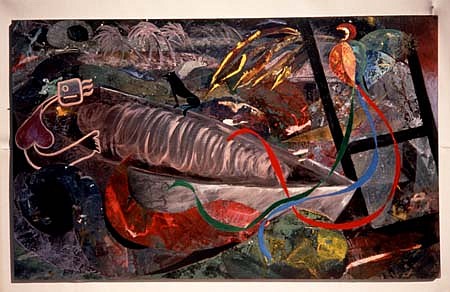 Arline Erdrich
Sally's House and Night of Tumult, 1993
acrylic/ acryllage, enamel on linen, 58 x 94 inches