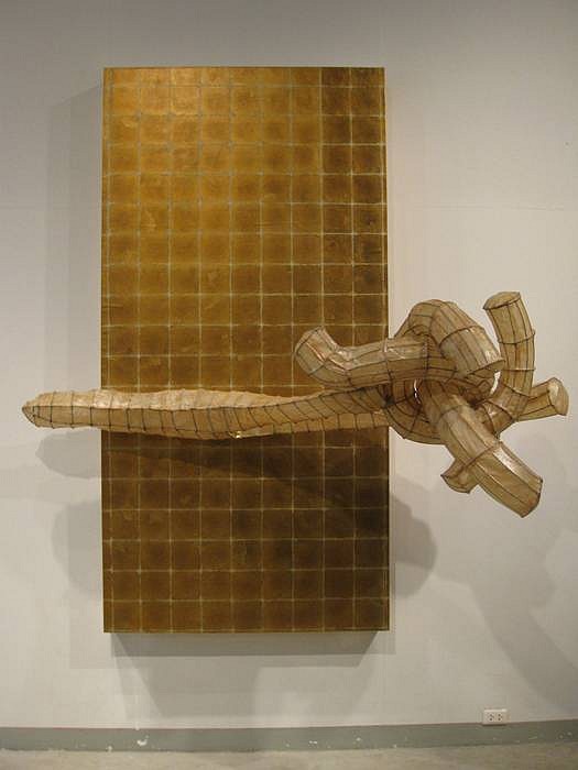 Carolina Escobar
Pancreas, 2008
wood, gold leaf wall paper, steel wire, cloth, Wall: 48" x 96" x 5" Piece: 84" x 36 x 36"