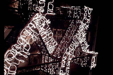 Ernest Daetwyler
Fire Escape (decendo discimus), 2003
steel, light, fire projection, audio, 1150 x 520 x 210 cm