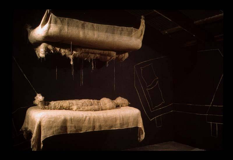 Anindita Dutta
Silent Dialogue, 2006
burlap, airbed, cotton, chalk, installation, each bed 80 x 40 x 10 inches