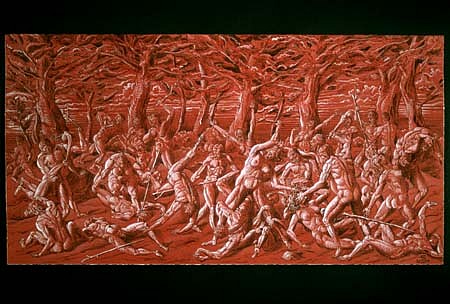 Stephen Burt
Battle of Man and  Woman, 2001
ink and gouache on red prepared paper, 15 x 29 inches