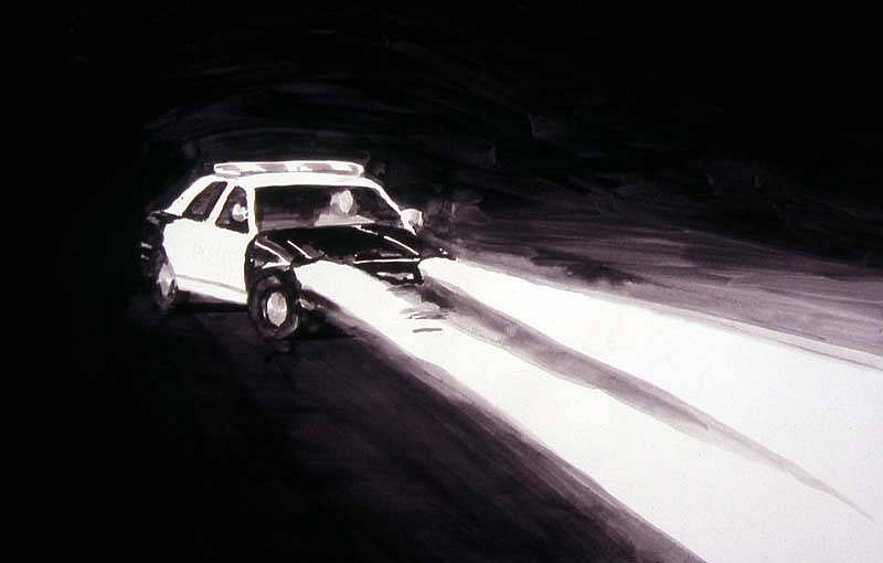 Buddy Bunting
Patrol Car, Black and White, Fontana, California, 2006
ink wash on paper, 22 x 30 inches