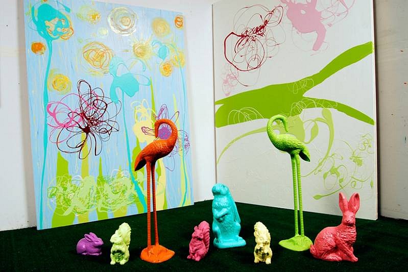 Serena Bocchino
Tango (Painting with astro turf and figures), 2009
enamel paint on canvas with Astroturf and painted lawn animals, 52 x 70 inches
