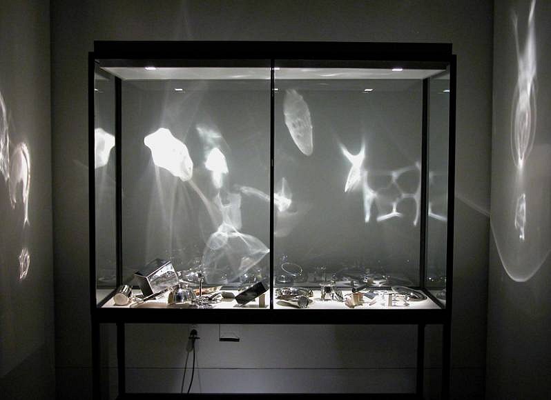 Christopher Bell
Offgassing, 2006
display case, lights, silverware, 60 x 24 x 84 inches