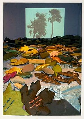 Kim Abeles
Leaf Leap (All the World's Leaves), 2000
450 fabric leaves created 5X their normal size, ea. embroidered with its name and global origin, sound and video projection of trees in wind, lavender, 240 x 480 inches
Contemporary Art Center, Cincinnati