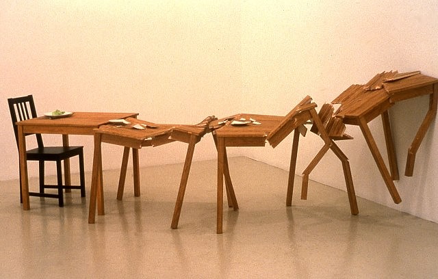 Beth Campbell
Crashing Tables (Moments Crashing...I Underestimated the Consequences), 2005
balsa wood, 36 x 36 x 144 in.