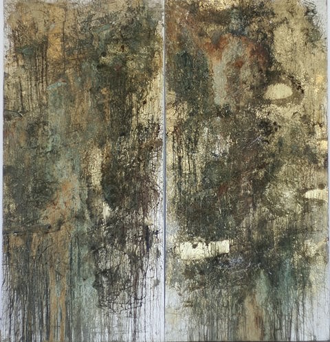 Tamas Kopasz
Fragments from the Golden Age No. 3-4, 1985
bronze dust, bronze, acid on canvas, 300 x 280 cm