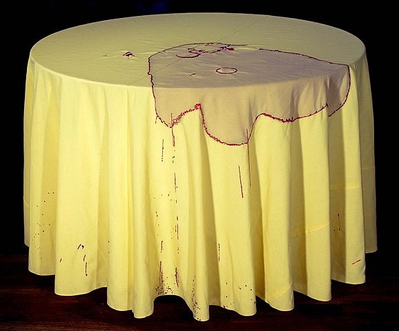 Nava Lubelski
Clumsy, 2007
hand-stitching on wine-stained tablecloth, 29 x 40 x 40 in.