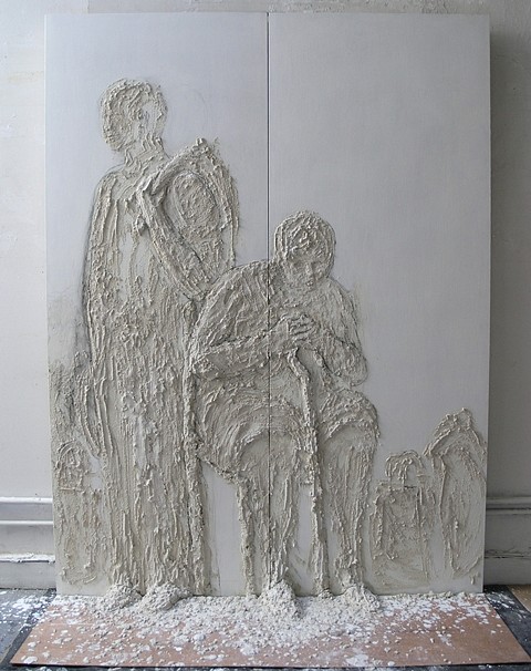 Gilda Pervin
Here We Are, 2004
Portland cement, sand, gesso, charcoal on wood, 80 x 60 x 15 in.