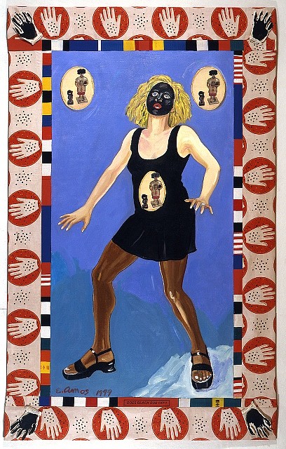 Emma Amos
Does Black Rub Off?, 1999
oil and photo transfer on linen with African fabric borders, 90 x 56 in.