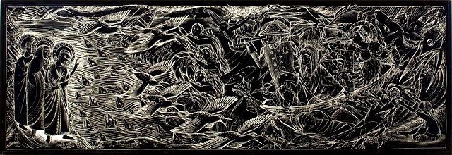 Ellen Raquel LeBow
Saint Francis Preaches to the Flood- Ship of Saints, 2010
ink on clayboard, 31 x 92 in.