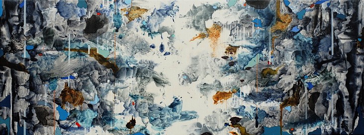 Linda Mieko Allen
Atmospherics XV, 2010
acrylic/ink transfer, acrylic pigment, graphite, aluminum powder, wax on aluminum panel, 13 x 37 in.