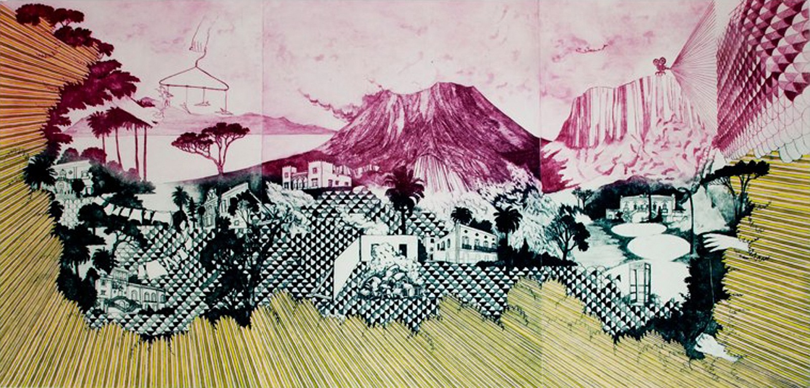Serena Perrone
Approach and Descent, 2011
drypoint and spitbite aquatint wiped a la poupee, hand painting with gouache, 36 x 72 in.