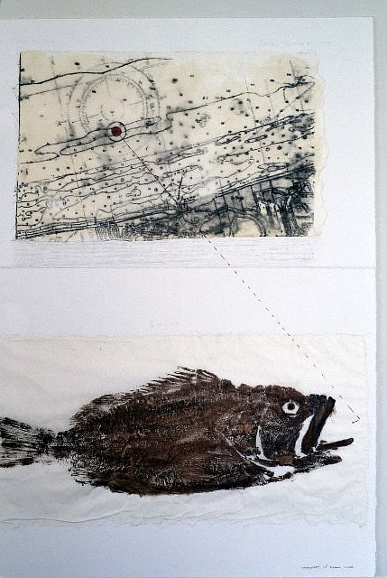 Frank Leon
Hari Trip #79, 1998
gyotaku grouper (fish print) on rice paper, graphite, watercolor on paper, 30 x 22 in.