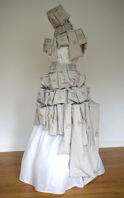 Antonella Piemontese
She wore 100 pockets to fill with memories, 2013
Ink on fabric, dress form mannequin, 65 x 32 x 32 in.