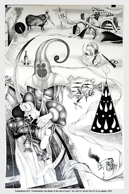 K.K. Pushpakaran
Frankenstein, The Gibber of the rest of the World, 2013
brush, pen and ink on paper, 43 x 9 1/2 in.