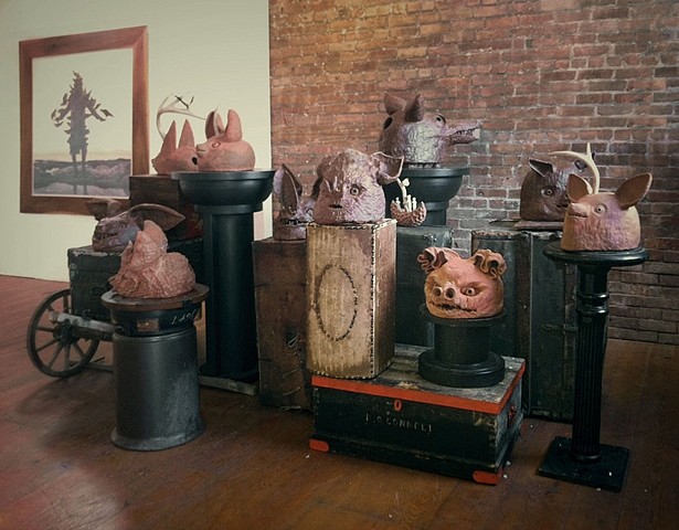Kahn and Selesnick
Bat Reliquary Busts, 2012
terra cotta, antlers, wax interiors, insects, motion sensitive lights, dimensions variable: each bust approximately 15 x 15 x 18"