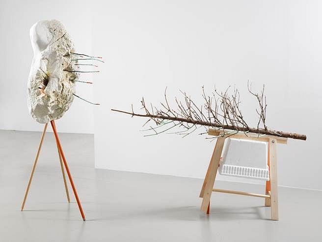 Janelle Iglesias
Knismesis & Gargalesis, 2012
Foam found on the shore of the East River, seashell, plaster, broomsticks, wood, Christmas Tree, cooler, sawhorse, sticks, feathers and paint, 70 x 105 x 33 in.