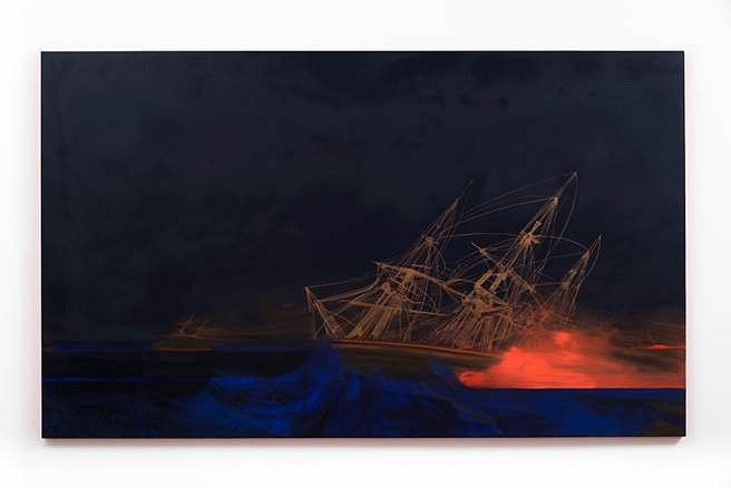 Whitney Bedford
Shipwreck (Darker with the day), 2014
ink and oil on canvas on panel, 72 x 120 x 1 3/4 in.