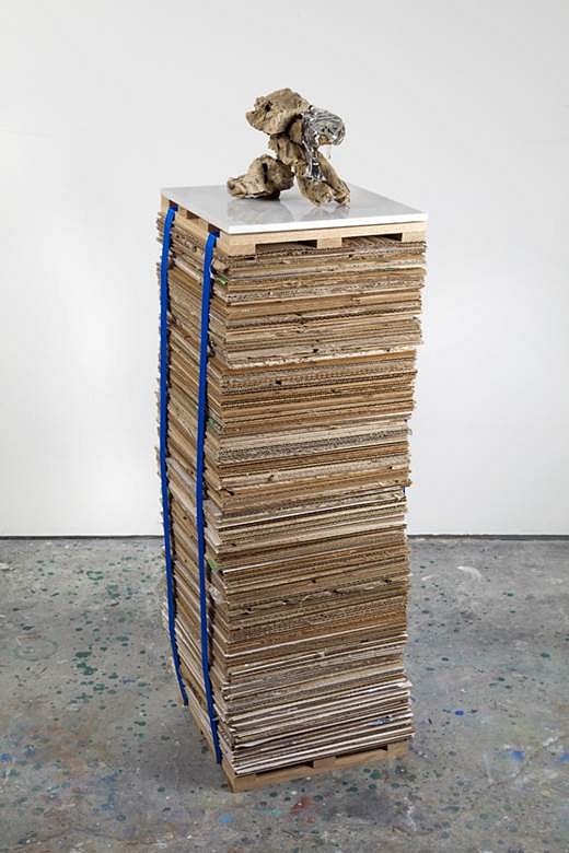 Virginia Poundstone
Flower Arrangement #1 (with flower press as plinth), 2013
Cast bronze, hot poured glass marble, wood, cardboard, newsprint, and ratchet straps, 44 x 12 x 12 in.