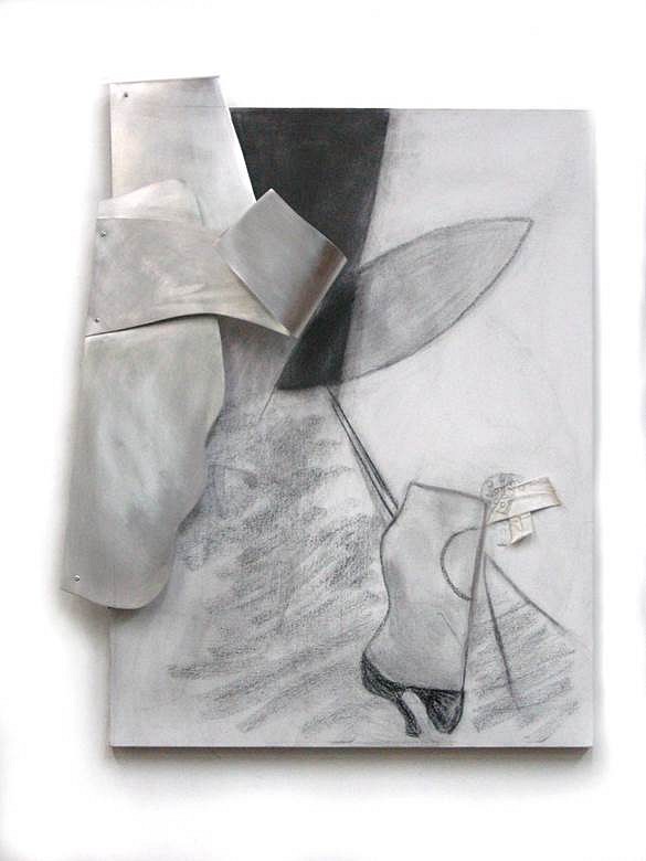 Marion Lane
Components, 2014
shaped sheet aluminum, charcoal, fabric on canvas, 24 x 32 x 3 in.