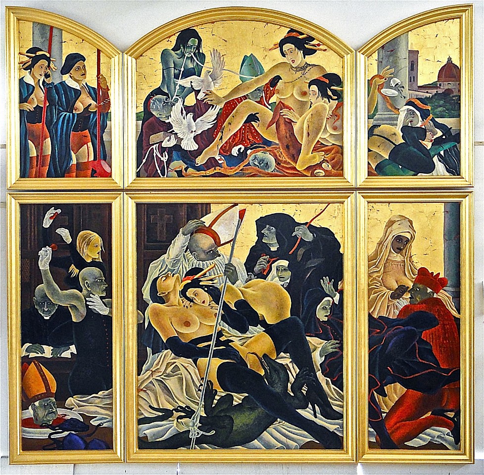 Masami Teraoka
The Cloisters Last Supper/Madonna and Geisha Pieta, 2014
oil and gold leaf on panel in gold leaf frame, 121 1/8 x 122 1/4 x 2 3/4 in.