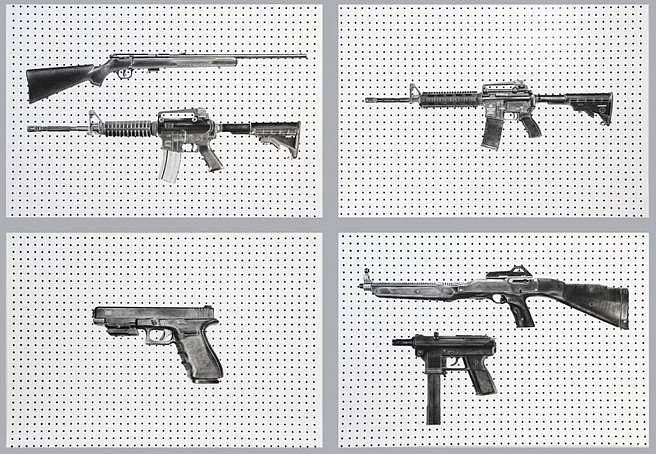 Linda Bond
Guns in America, 2016
gunpowder and graphite on paper, 22 x 30 inches (each, 4 panels)