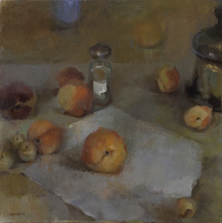 Tina Ingraham
Still Life with Shaker and Peaches, 2013
oil on mounted linen, 16 x 16 in.