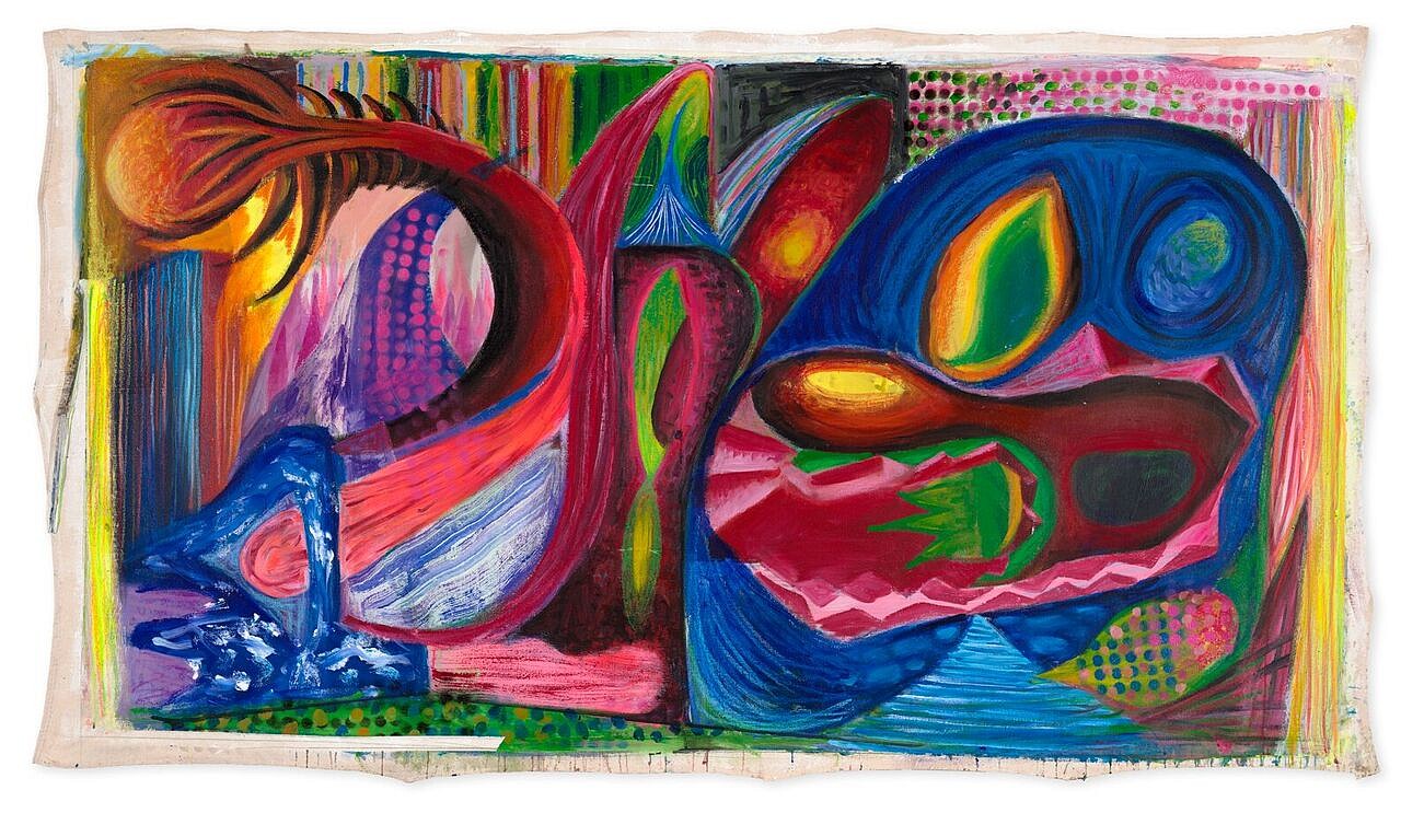 Jeffrey Hull
Get a Good Grip on the Rope, 2016
acrylic, spray paint, masking tape, oil crayon, primed unstretched canvas, 91 x 49 in.