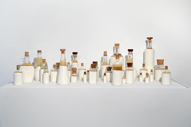 Shelley Spector
Bottle Soap, 2017
reclaimed glass, cork, plastic and metal with paint.  Reclaimed cooking oil, coconut oil, potassium hydroxide, boric acid and essential oil, Variable sizes (installation as pictured 36 x 11 x 14 inches)