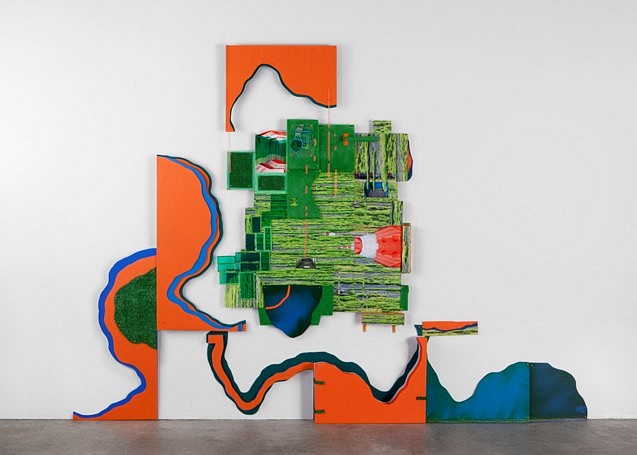 Diana Cooper
Turf, 2012-13
acrylic, felt, ethylene vinyl acetate, corrugated plastic, map pins, astroturf, metal hardware, prints, 88 x 123 x 3 1/2 in.