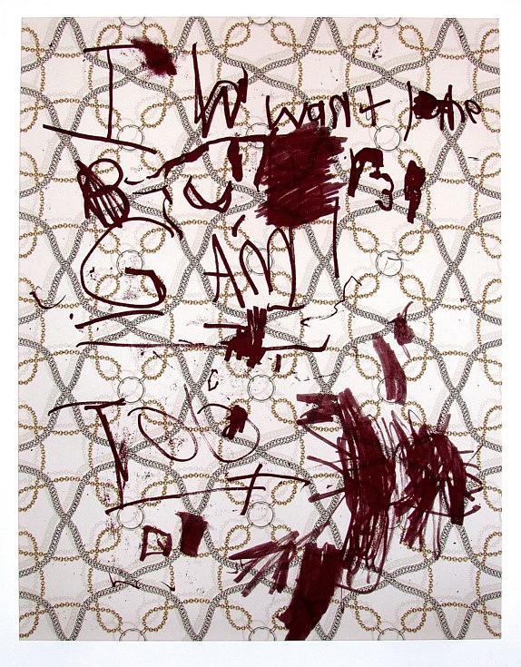 Robert Buck
The Letter! The Litter! ("I Want the Gam...Too"), 2014
acrylic paint on store bought fabric, 66 x 50 x 1 1/2 in.