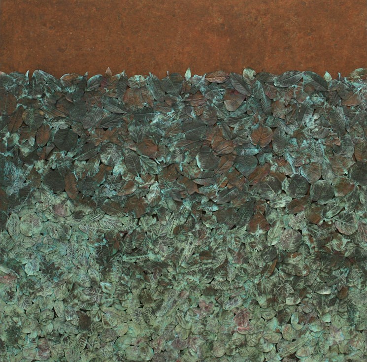 Poorvesh Patel
Untitled, 2012
patinated copper and brass leaves on rusted canvas mounted on board, 60 x 60 in.