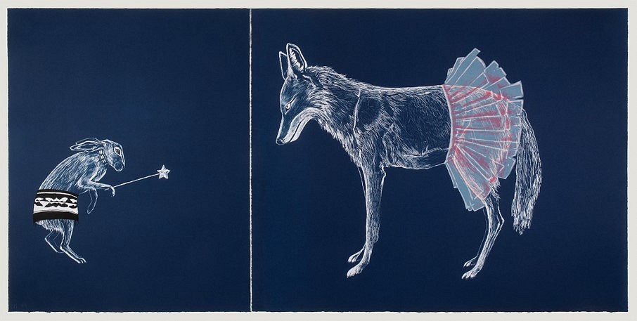 Julie Buffalohead
The Trickster Showdown, 2015
lithograph and screen print on paper, 27 x 56 in.