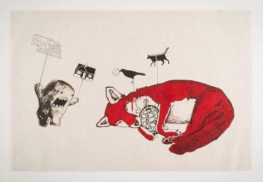 Julie Buffalohead
Fox tussle, 2016
lithograph on Japanese paper, 23 x 35 in.