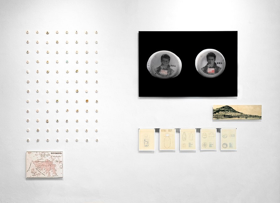 Ilana Boltvinik and Rodrigo Viñas
My Whole Life Depends on You, of the series Ubiquitous Trash - Hong Kong Edition, 2016
digital photography, six drawings (carbon paper ink and graphite on yellow paper, one antique postcard, 84 bottle caps with Nicholas Tse face on them, and one map (digital print of drawing), 180 x 250 cm